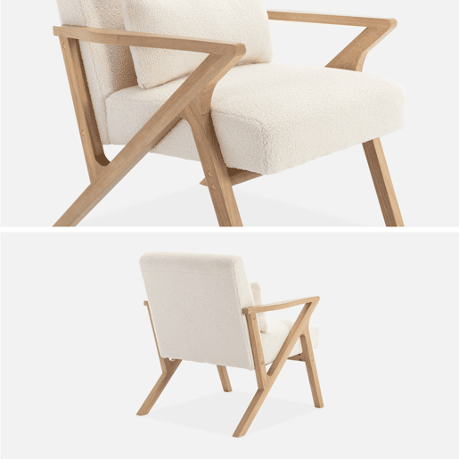 Cadeirão escandinavo em madeira de hevea e boucle, Antoine boucle, Branco, 70.5x75x81 cm