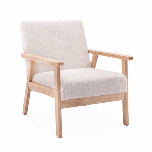 Cadeirão escandinavo encaracolado em madeira de hevea, Isak boucle, Boucle branco, 64x69.5x73 cm