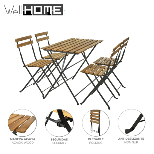WELL HOME - Mesa de madeira 'Bistrô' + conjunto 4 cadeiras