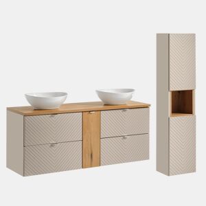 Móvel de casa de banho duplo 140cm 4 gavetas 1 porta e coluna Manoa Caxemira e madeira