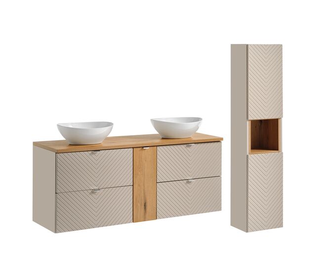 Conjunto de muebles con doble lavabo 140cm 4 cajones 1 puerta y columna manoa cachemira y madera