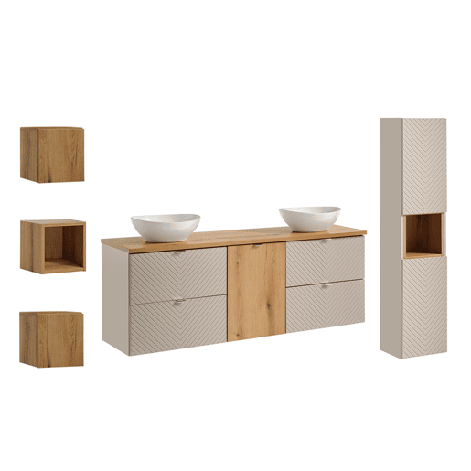 Móvel de casa de banho duplo Manoa Cashmere e madeira de 160 cm com 3 armários de parede