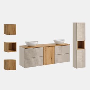 Móvel de casa de banho duplo Manoa Cashmere e madeira de 160 cm com 3 armários de parede