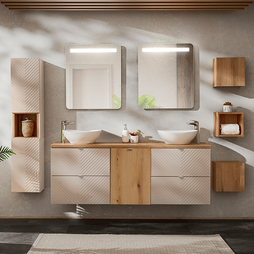 Móvel de casa de banho duplo Manoa Cashmere e madeira de 160 cm com 3 armários de parede