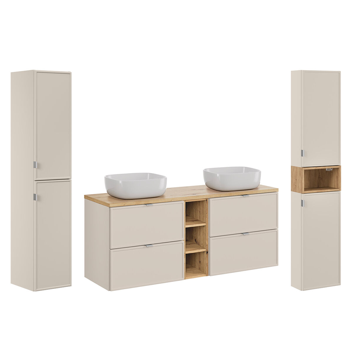Conjunto de muebles con doble lavabo 3 compartimientos y 2 columnas Alba