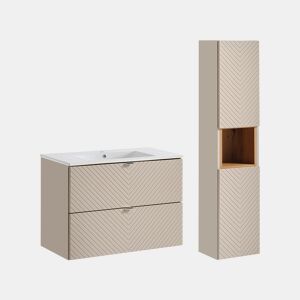 Conjunto móvel lavatório individual embutido 80cm 2 gavetas e coluna Manoa Caxemira e Madeira