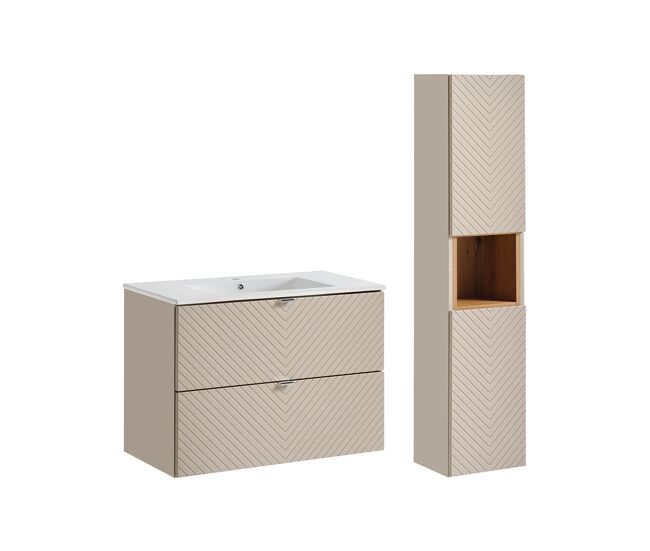 Conjunto de muebles con lavabo individual encastrado 80cm y columna manoa cachemira y madera