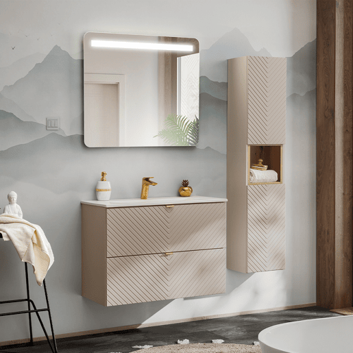 Conjunto móvel lavatório individual embutido 80cm 2 gavetas e coluna Manoa Caxemira e Madeira