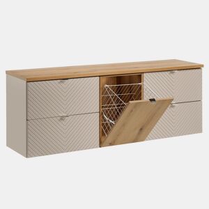 Móvel sob o lavatório 160cm Manoa Cashmere e cesto de madeira para roupa suja