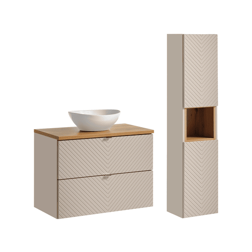 Conjunto móvel lavatório individual 80cm 2 gavetas e coluna Manoa Caxemira e Madeira