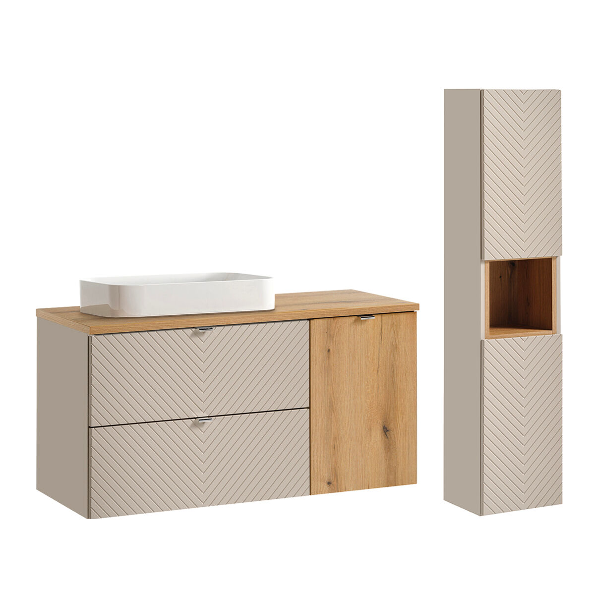 Conjunto de muebles con lavabo individual cesto ropa y columna Manoa