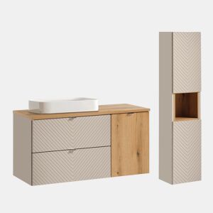 Conjunto de lavatório individual de 120 cm com cesto para roupa e coluna Manoa Caxemira e madeira