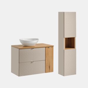 Conjunto móvel lavatório individual 80cm 2 gavetas 1 porta e coluna Manoa Caxemira e Madeira