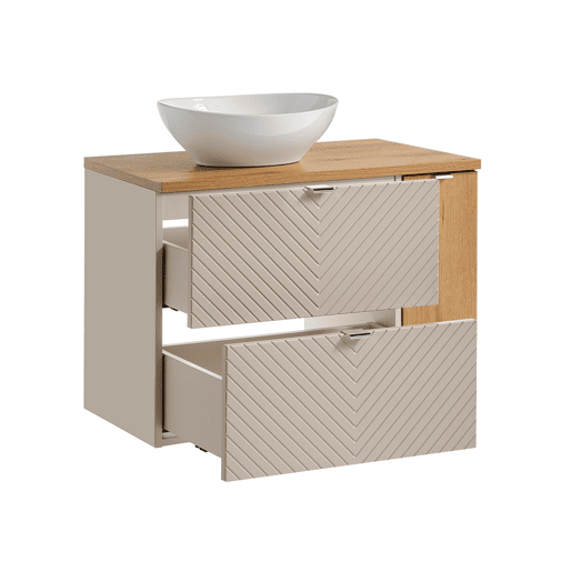 Conjunto móvel lavatório individual 80cm 2 gavetas 1 porta e coluna Manoa Caxemira e Madeira