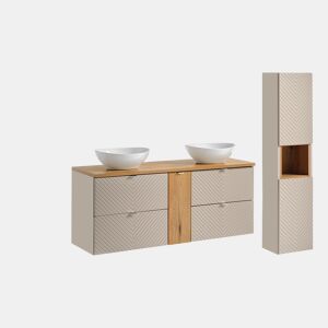 Móvel de toucador duplo de madeira e caxemira Manoa 140 cm com 3 armários de parede