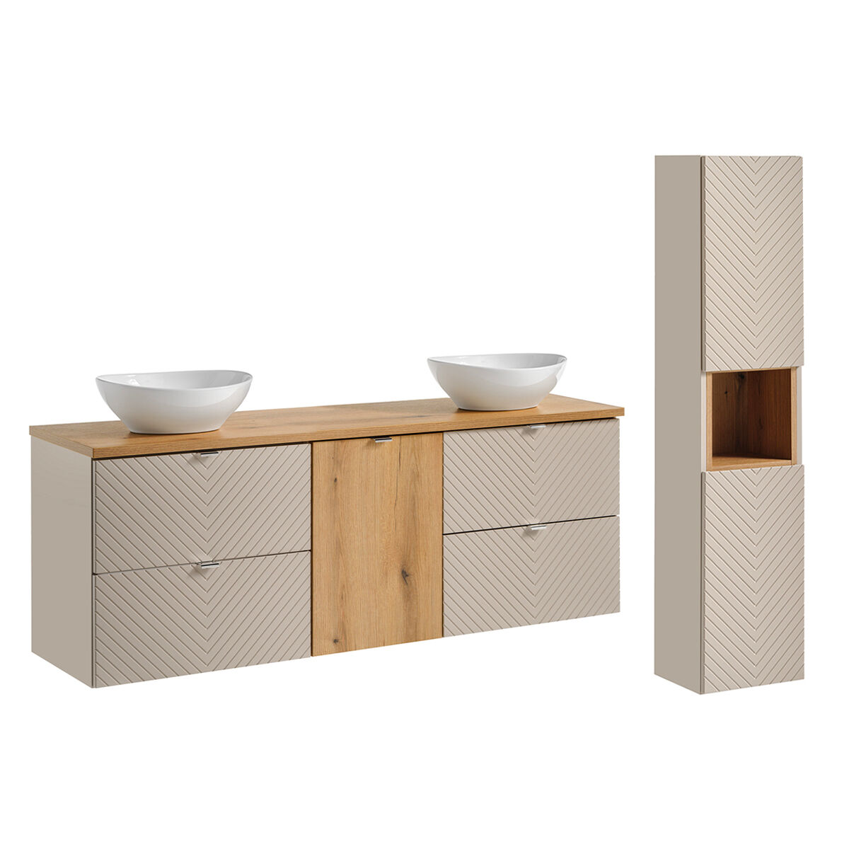 Conjunto de muebles doble lavabo 1 con cesto de ropa y columna Manoa