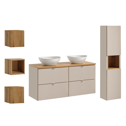 Conjunto de lavatório duplo de 120 cm e 3 armários murais Manoa Cashmere e madeira