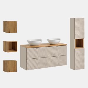 Conjunto de lavatório duplo de 120 cm e 3 armários murais Manoa Cashmere e madeira
