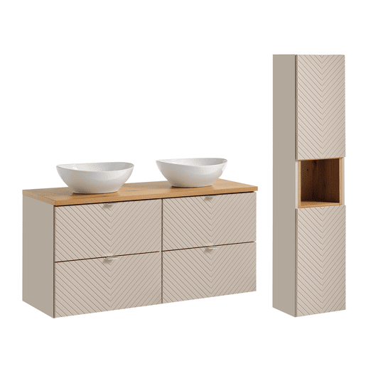 Conjunto móvel lavatório duplo 120cm 4 gavetas e coluna Manoa Caxemira e Madeira