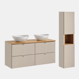 Conjunto móvel lavatório duplo 120cm 4 gavetas e coluna Manoa Caxemira e Madeira
