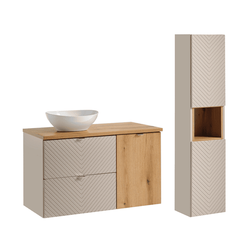 Conjunto móvel lavatório individual 100cm 2 gavetas cesto de roupa e coluna Manoa Caxemira e Madeira