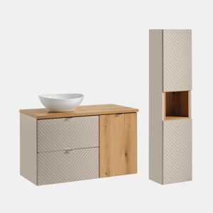 Conjunto móvel lavatório individual 100cm 2 gavetas cesto de roupa e coluna Manoa Caxemira e Madeira
