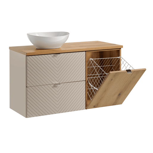 Conjunto móvel lavatório individual 100cm 2 gavetas cesto de roupa e coluna Manoa Caxemira e Madeira