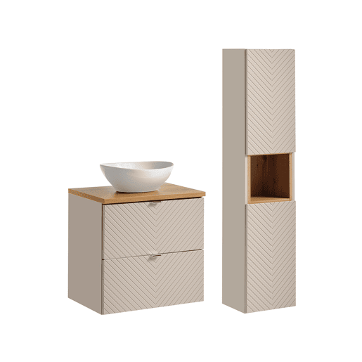 Conjunto de lavatório individual 60cm 2 gavetas e coluna Manoa Caxemira e madeira
