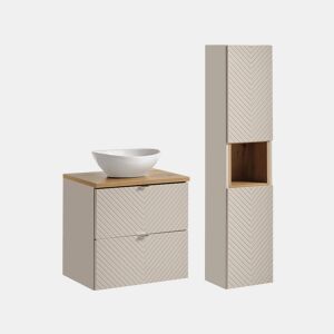Conjunto de lavatório individual 60cm 2 gavetas e coluna Manoa Caxemira e madeira