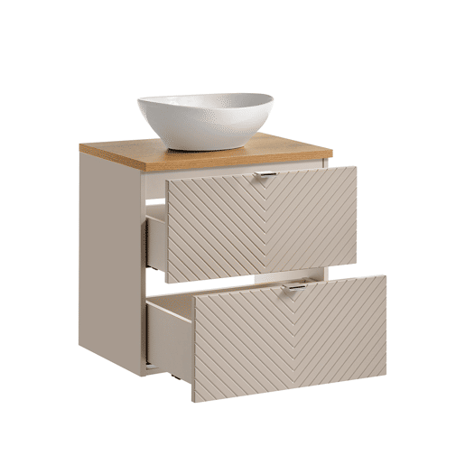Conjunto de lavatório individual 60cm 2 gavetas e coluna Manoa Caxemira e madeira