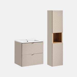 Conjunto móvel lavatório individual embutido 60cm 2 gavetas e coluna Manoa Caxemira e Madeira