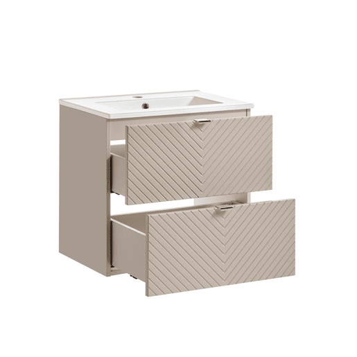 Conjunto móvel lavatório individual embutido 60cm 2 gavetas e coluna Manoa Caxemira e Madeira