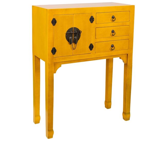 Recibidor de madera de 3 cajones y 2 puertas en amarillo Con dimensiones 63x26x83h cm