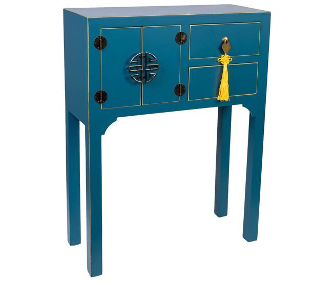 Recibidor de madera de 2 cajones y 2 puertas en azul Con dimensiones 63x26x83h cm