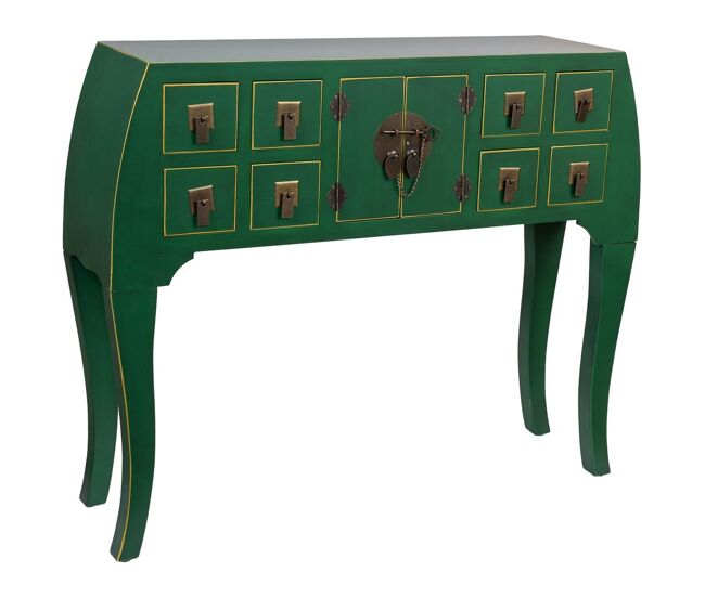 Recibidor de madera de 4 cajones y 2 puertas en verde oscuro 98x26x80h cm