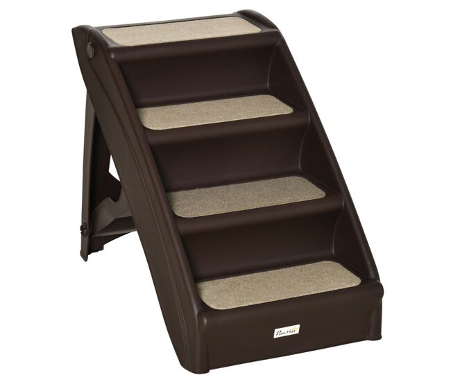 Pawhut escalera plegable para mascotas de 4 peldaños escalón para perros gatos portátil con alfombras antideslizantes para cama sofá carga 20 kg 62x38x49,5 cm marrón oscuro