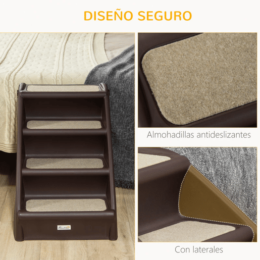 PawHut Escada Dobrável para Animais de Estimação de 4 Degraus para Cães Gatos Portátil com Tapetes Antiderrapantes para Cama Sofá Carga 20kg 62x38x49,5cm Marrom Escuro