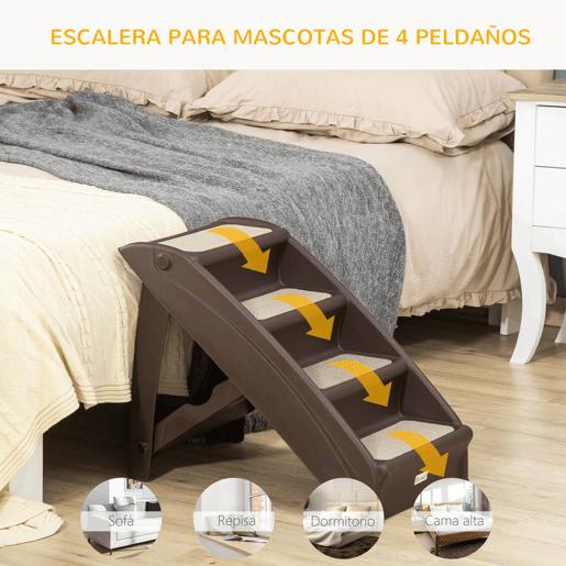 PawHut Escada Dobrável para Animais de Estimação de 4 Degraus para Cães Gatos Portátil com Tapetes Antiderrapantes para Cama Sofá Carga 20kg 62x38x49,5cm Marrom Escuro