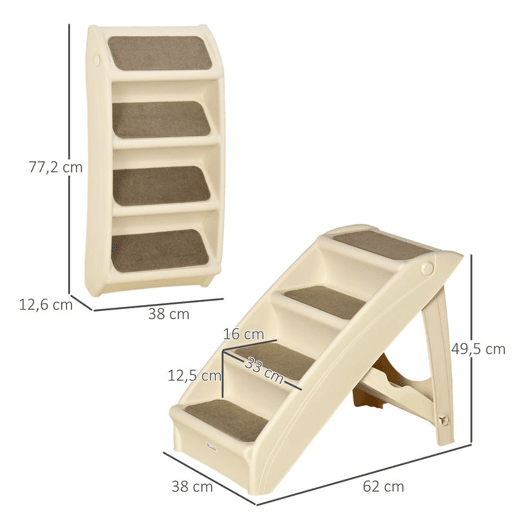 PawHut Escada Dobrável para Animais de Estimação de 4 Degraus para Cães Gatos Portátil com Tapetes Antiderrapantes para Cama Sofá Carga 20kg 67x38x49,5cm Bege