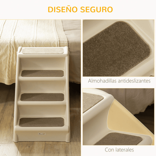 PawHut Escada Dobrável para Animais de Estimação de 4 Degraus para Cães Gatos Portátil com Tapetes Antiderrapantes para Cama Sofá Carga 20kg 67x38x49,5cm Bege