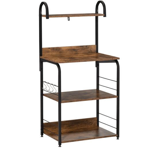 HOMCOM Estante de Cozinha Estante para Microondas com 4 Níveis Ganchos e Pés Ajustáveis Estante de Armazenamento 60x40x125 cm Marrom Rústico