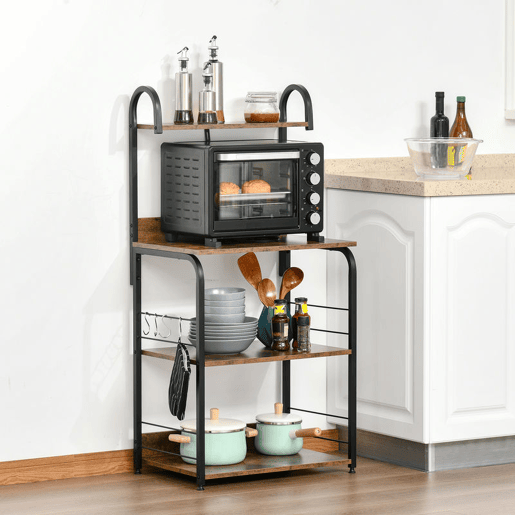 HOMCOM Estante de Cozinha Estante para Microondas com 4 Níveis Ganchos e Pés Ajustáveis Estante de Armazenamento 60x40x125 cm Marrom Rústico