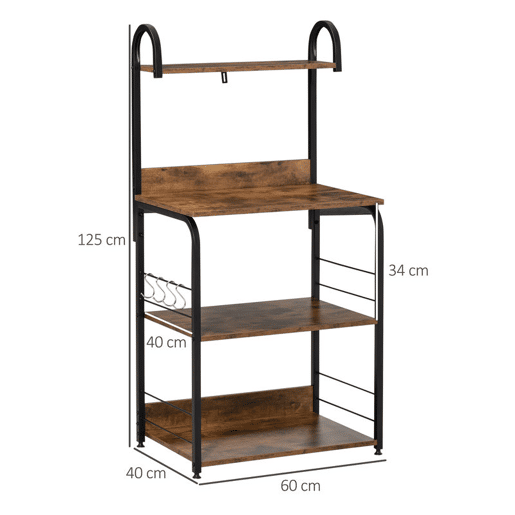 HOMCOM Estante de Cozinha Estante para Microondas com 4 Níveis Ganchos e Pés Ajustáveis Estante de Armazenamento 60x40x125 cm Marrom Rústico