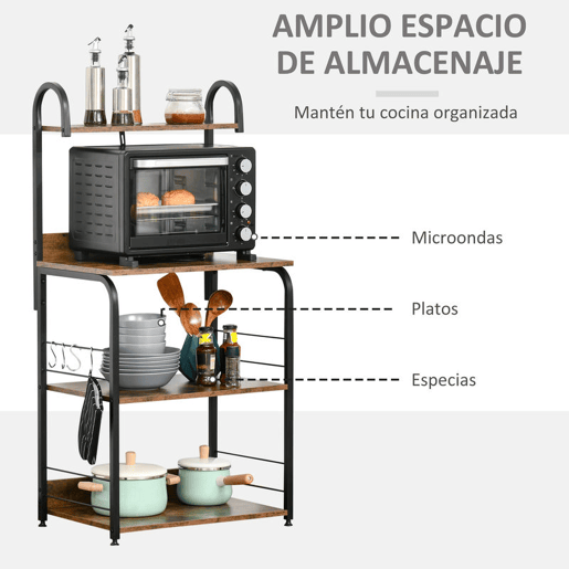 HOMCOM Estante de Cozinha Estante para Microondas com 4 Níveis Ganchos e Pés Ajustáveis Estante de Armazenamento 60x40x125 cm Marrom Rústico