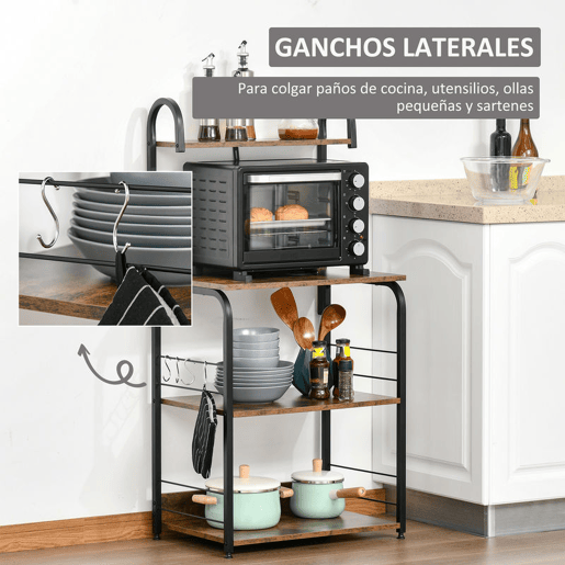 HOMCOM Estante de Cozinha Estante para Microondas com 4 Níveis Ganchos e Pés Ajustáveis Estante de Armazenamento 60x40x125 cm Marrom Rústico