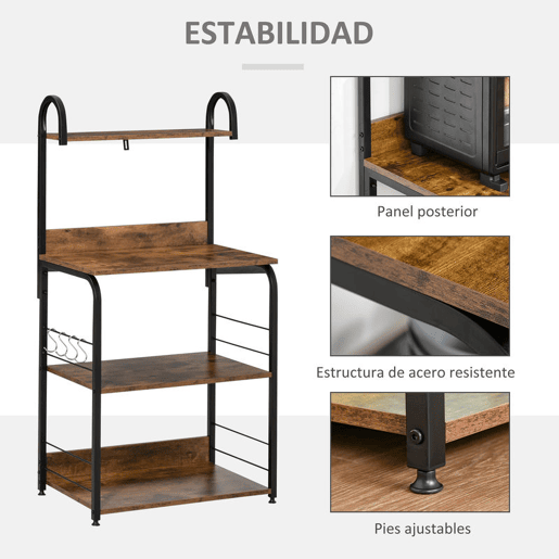 HOMCOM Estante de Cozinha Estante para Microondas com 4 Níveis Ganchos e Pés Ajustáveis Estante de Armazenamento 60x40x125 cm Marrom Rústico