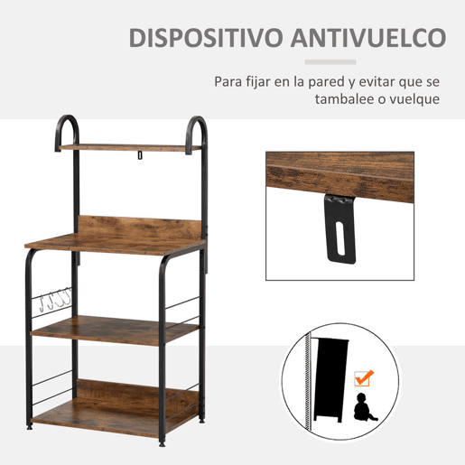 HOMCOM Estante de Cozinha Estante para Microondas com 4 Níveis Ganchos e Pés Ajustáveis Estante de Armazenamento 60x40x125 cm Marrom Rústico