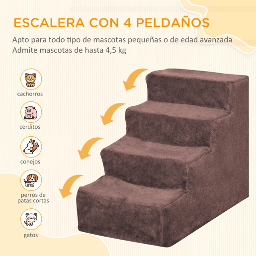 PawHut Escada para Animais de Estimação com 4 Degraus 2 em 1 com Capa Removível e Lavável Escada para Cães Gatos Carga 30kg 60x35x44 cm Marrom