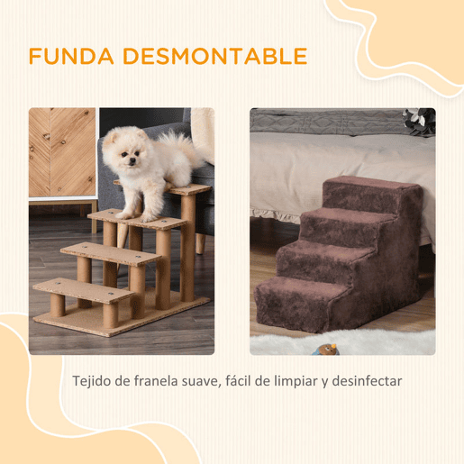 PawHut Escada para Animais de Estimação com 4 Degraus 2 em 1 com Capa Removível e Lavável Escada para Cães Gatos Carga 30kg 60x35x44 cm Marrom