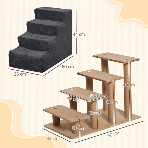 PawHut Escada para Animais de Estimação com 4 Degraus 2 em 1 com Capa Removível e Lavável Escada para Cães Gatos Carga 30kg 60x35x44 cm Cinza Escuro